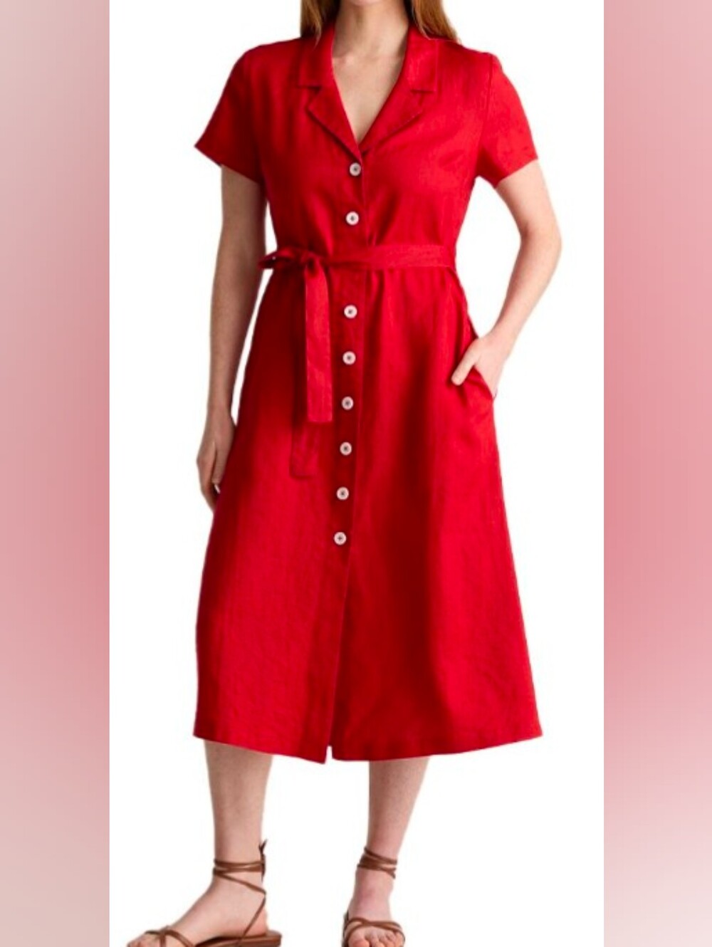 Quince European Linen Button Front Dress In Chili M